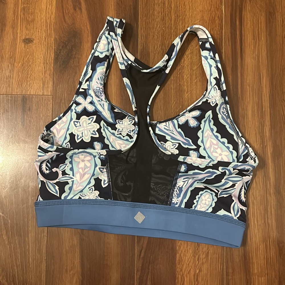Blue Floral Sports Bra Mesh Back Medium Full Coverage Workout Bra w Inserts - Picture 2 of 9